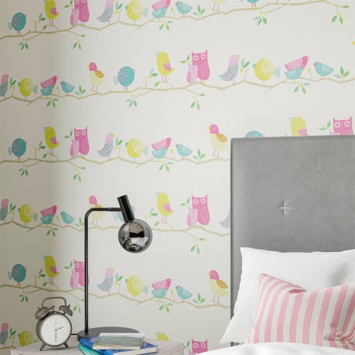 Обои Harlequin Book of Little Treasures What A Hoot Pink Aqua Apple and Natural 112650
