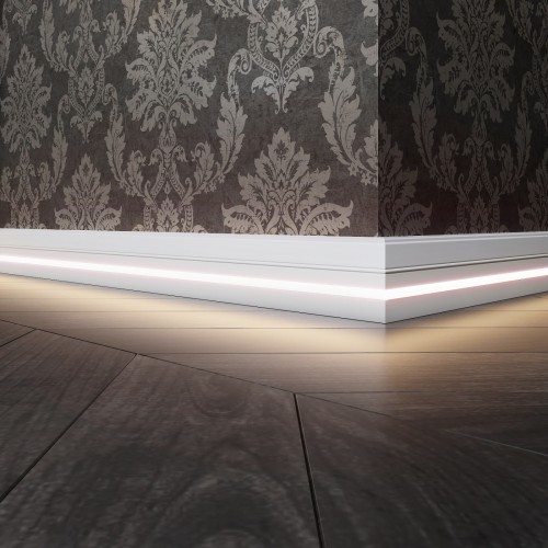 Плинтус МДФ под покраску Evrowood PN 120 Led со светодиодной подсветкой 110x16 фото в интерьере