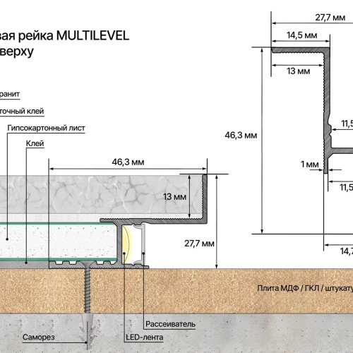 Профиль алюминиевый теневой с подсветкой Laconistiq Multilevel Белый RAL 9016 25-22-300 матовый 3000×46,3×27,7