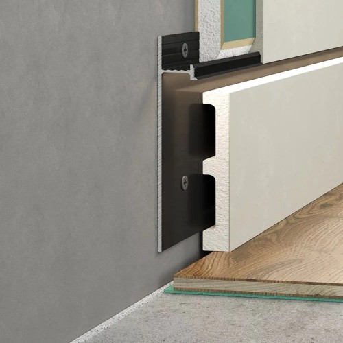 Плинтус алюминиевый скрытый с подсветкой Laconistiq Strong Черный муар RAL 9005 42-31-300 3000×80×13,1 Плинтус алюминиевый скрытый с подсветкой Laconistiq Strong Черный муар RAL 9005 42-31-300 3000×80×13,1