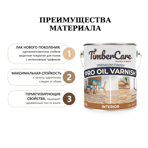 Лак для паркета TimberCare Pro Oil Varnish 350070 полуматовый 2,5 л Лак для паркета TimberCare Pro Oil Varnish 350070 полуматовый 2,5 л