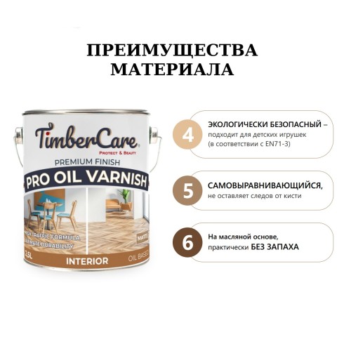 Лак для паркета TimberCare Pro Oil Varnish 350071 полуглянцевый 2,5 л Лак для паркета TimberCare Pro Oil Varnish 350071 полуглянцевый 2,5 л