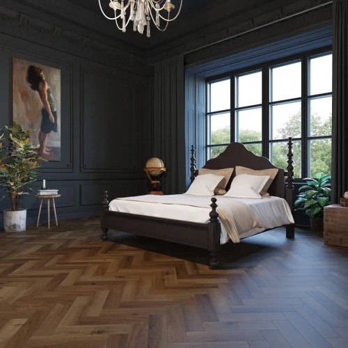 Кварцвиниловый SPC ламинат Invictus Maximus Herringbone Highland Oak Chocolate венгерская елка 743×145×5