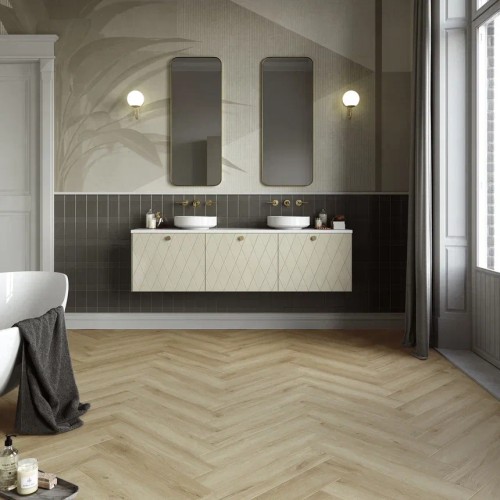 Кварцвиниловый SPC ламинат Invictus Maximus Herringbone River Oak Silt венгерская елка 743×145×5