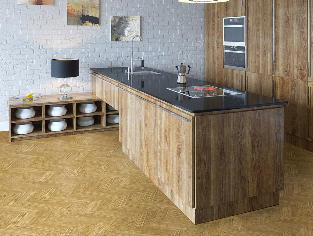 Пробковый пол замковый Corkstyle Chevron Gold французская елка 1235×305×10 фото в интерьере