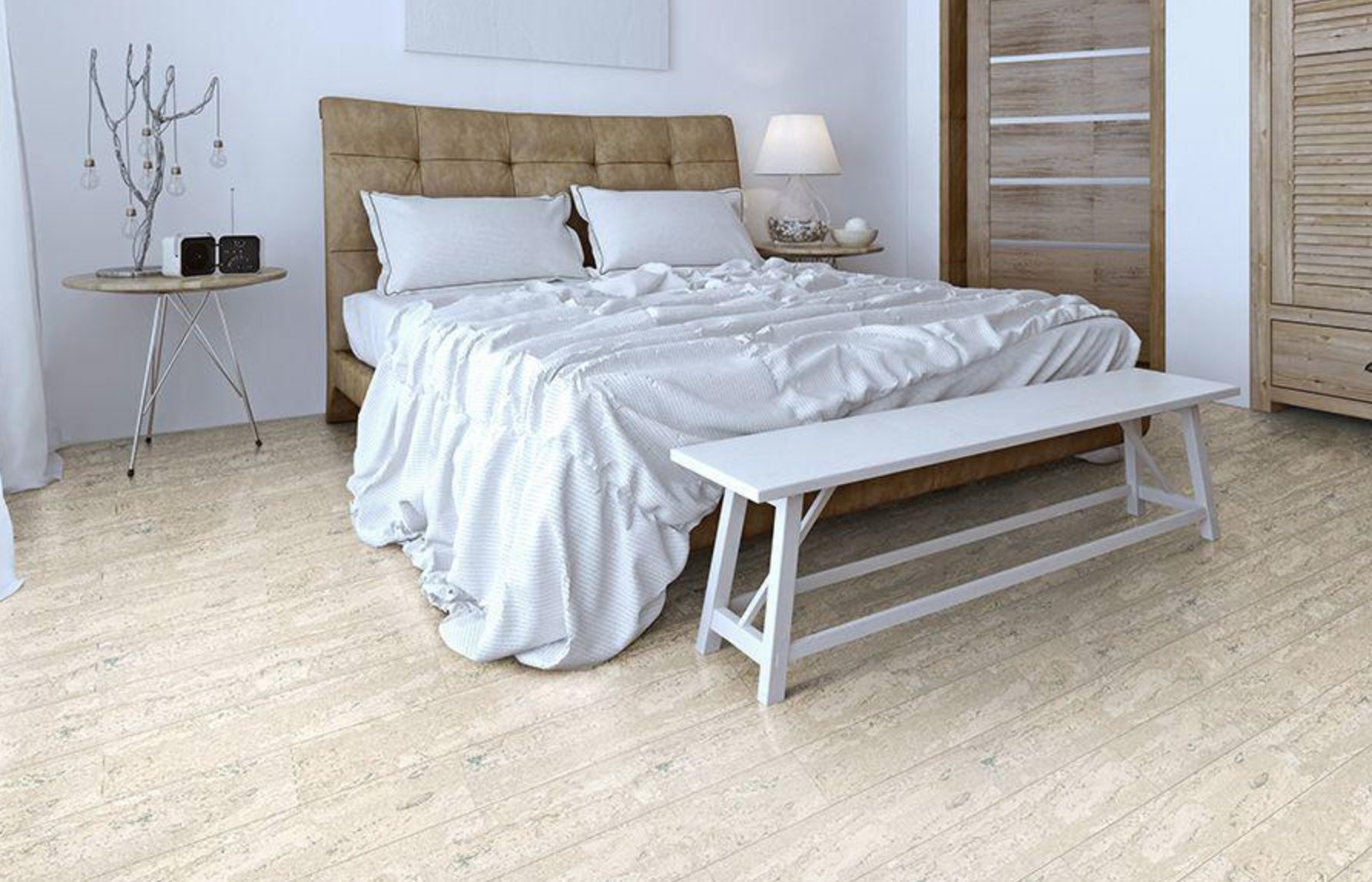 Пробковый пол клеевой Corkstyle CorkPro Comprido Milk 915×200×6 фото в интерьере
