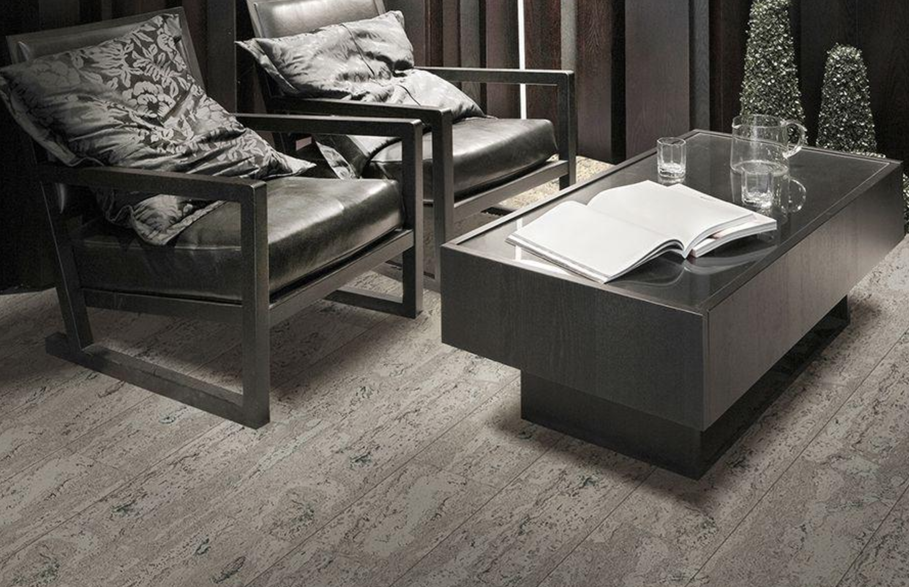 Пробковый пол клеевой Corkstyle CorkPro Comprido Smoke 915×200×6 фото в интерьере
