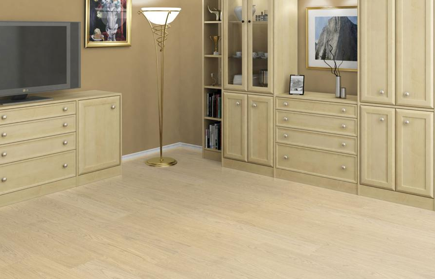 Пробковый пол клеевой Corkstyle Wood Oak Creme 915×305×6 фото в интерьере