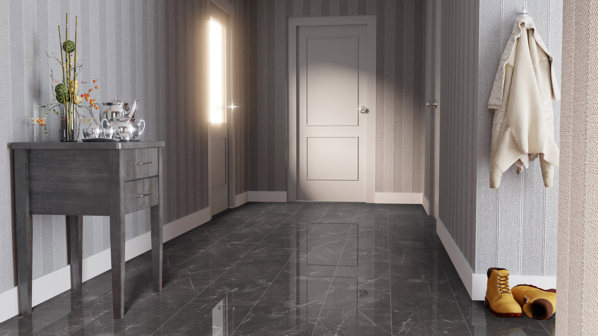 Ламинат Falquon Blue Line Stone 2.0 Botticino Classico Dark D2909 глянец 810×400×8 фото в интерьере