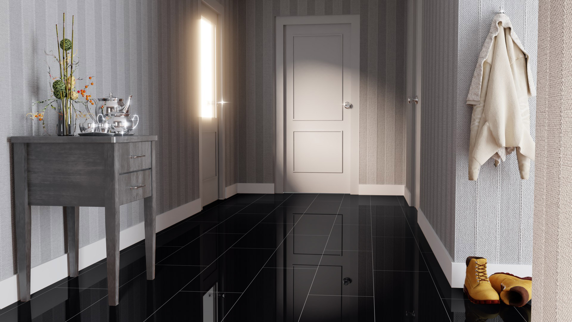 Ламинат Falquon Blue Line Stone Uni Black U190 глянец 644×310×8 фото в интерьере Ламинат Falquon Blue Line Stone Uni Black U190 глянец 644×310×8 фото в интерьере