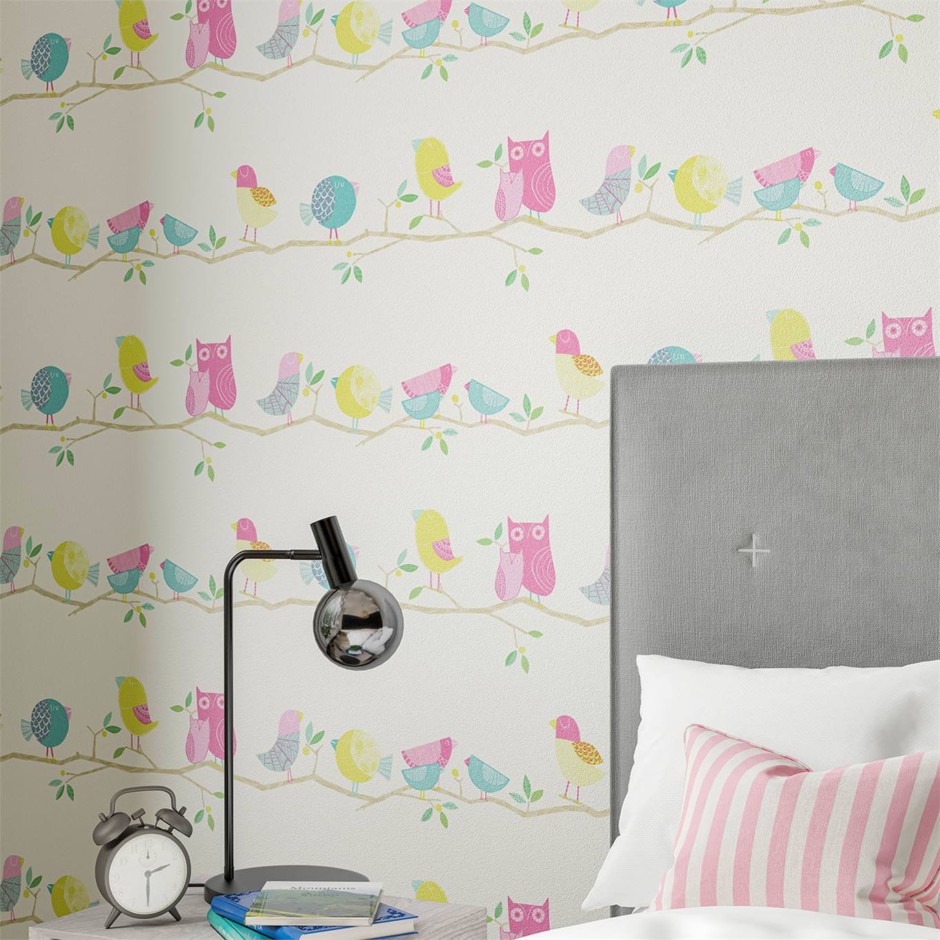 Обои Harlequin Book of Little Treasures What A Hoot Pink Aqua Apple and Natural 112650 фото в интерьере