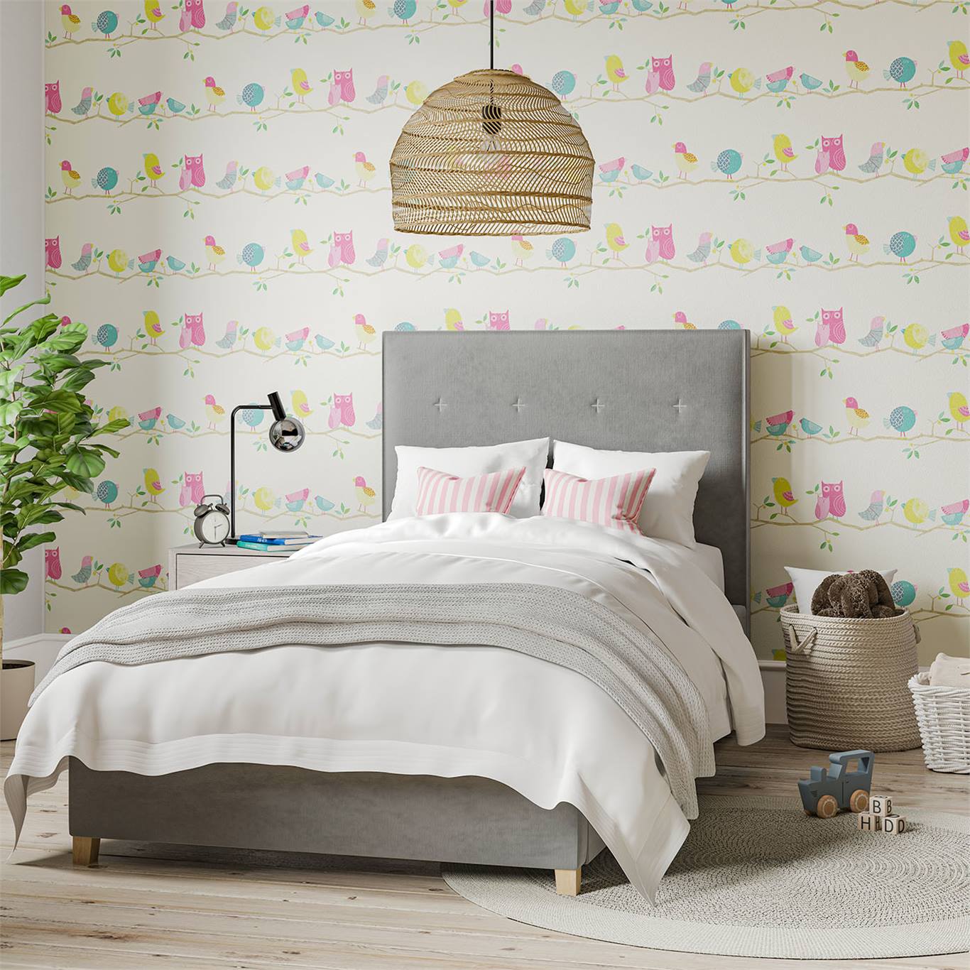 Обои Harlequin Book of Little Treasures What A Hoot Pink Aqua Apple and Natural 112650 фото в интерьере