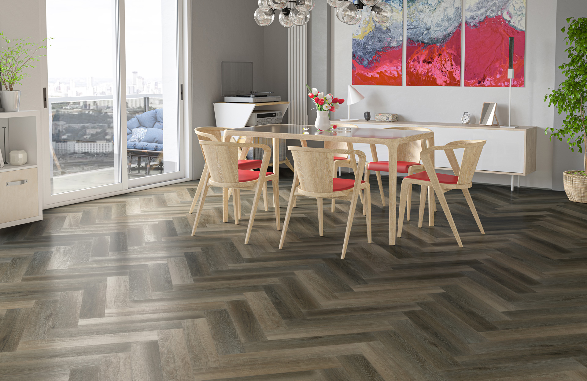 Кварцвиниловый SPC ламинат Fargo Parquet Дуб Кальвадос 33-62W921 венгерская елка 615×123×4 фото в интерьере