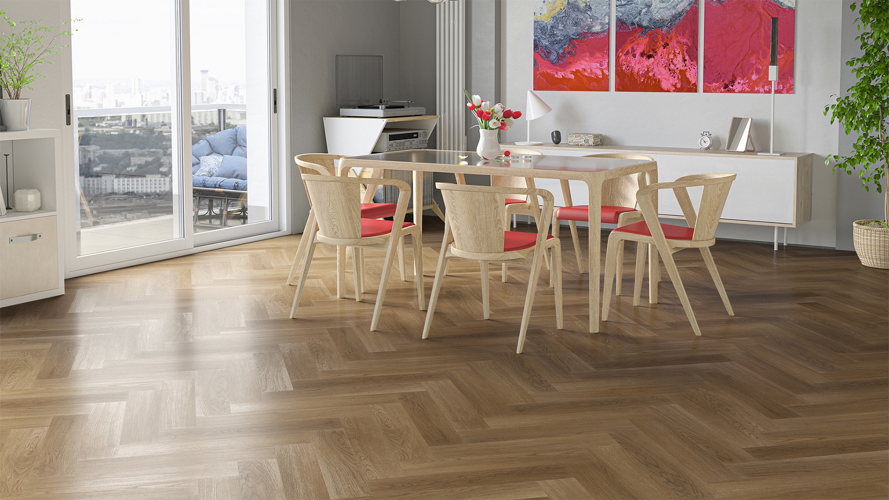 Кварцвиниловый SPC ламинат Fargo Parquet Дуб Монако 33-63W948 венгерская елка 615×123×4 фото в интерьере
