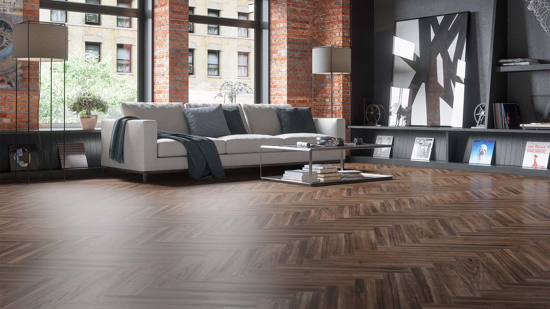 Кварцвиниловый SPC ламинат Fargo Parquet Дуб Сиена 33-64W929 венгерская елка 615×123×4 фото в интерьере