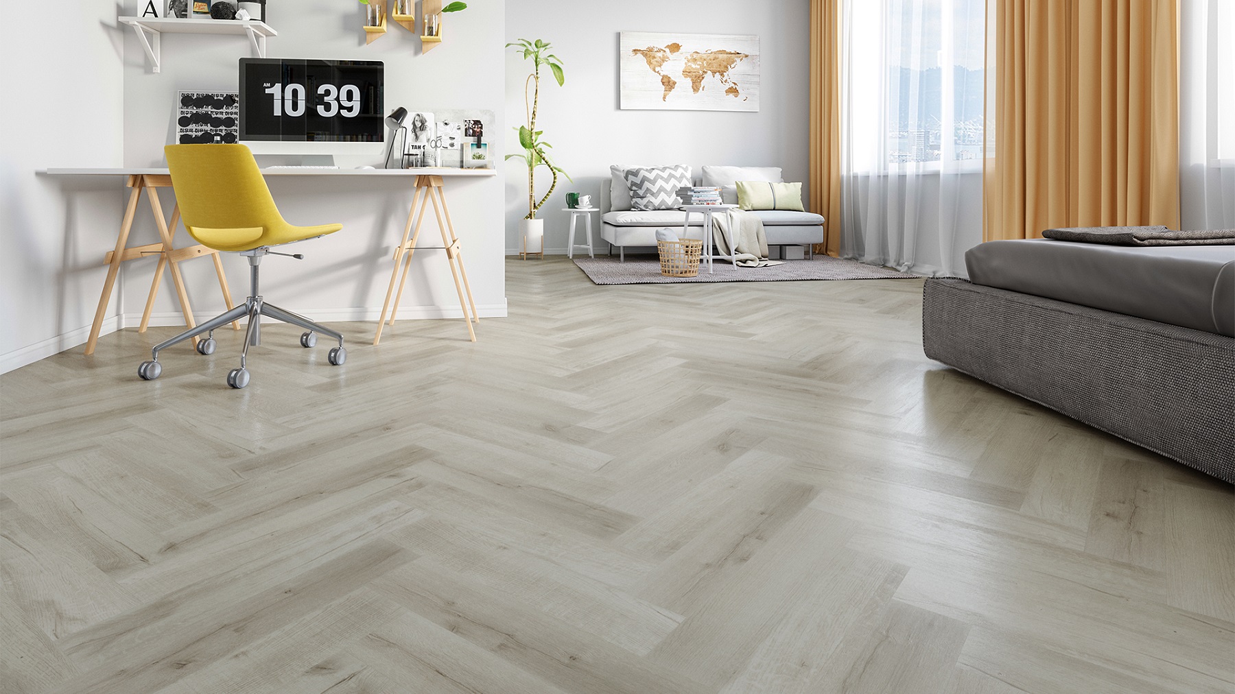 Кварцвиниловый SPC ламинат Fargo Parquet Дуб Лондонский Туман 33-81996-14 венгерская елка 615×123×4 фото в интерьере