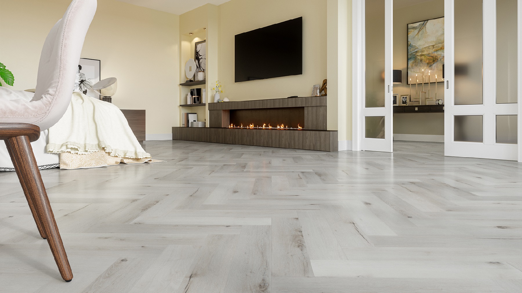Кварцвиниловый SPC ламинат Fargo Parquet Дуб Снежный 33-DL1601 венгерская елка 615×123×4 фото в интерьере