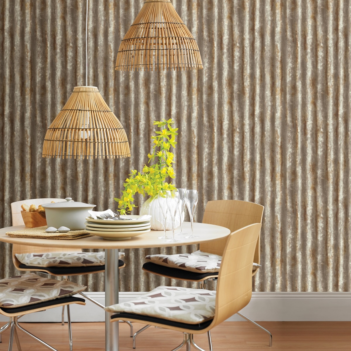 Обои Aura Trilogy Kirkland Charcoal Corrugated Metal FD22334 фото в интерьере
