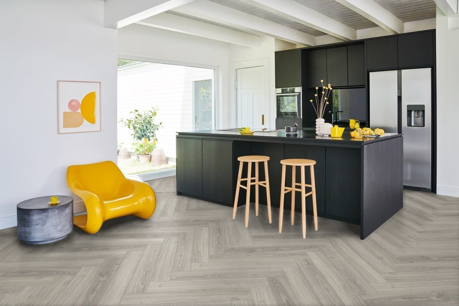 Ламинат Parador Trendtime 3 Дуб Студиолайн светло-серый Studioline Light-Grey 1747865 венгерская елка 858×143×8 фото в интерьере