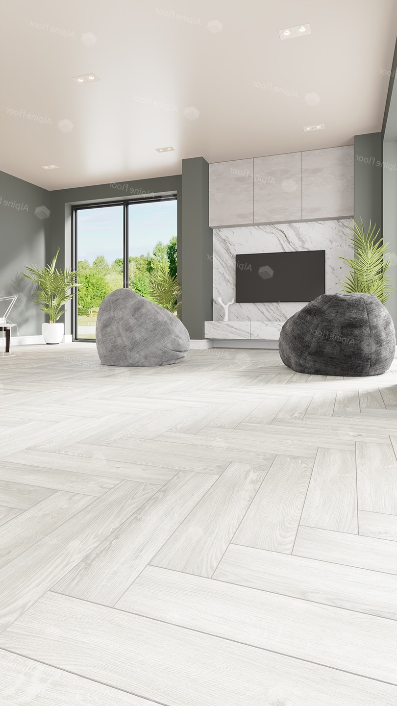 Кварцвиниловый SPC ламинат Alpine Floor Parquet Light Дуб Арктик ECO 13-4 венгерская елка 600×125×4 фото в интерьере