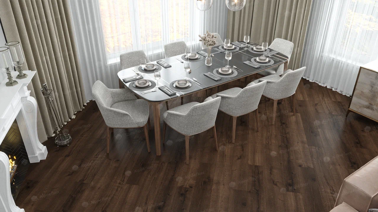 Кварцвиниловый SPC ламинат Alpine Floor Real Wood Дуб Мокка ECO 2-2 1220×183×6 фото в интерьере Кварцвиниловый SPC ламинат Alpine Floor Real Wood Дуб Мокка ECO 2-2 1220×183×6 фото в интерьере