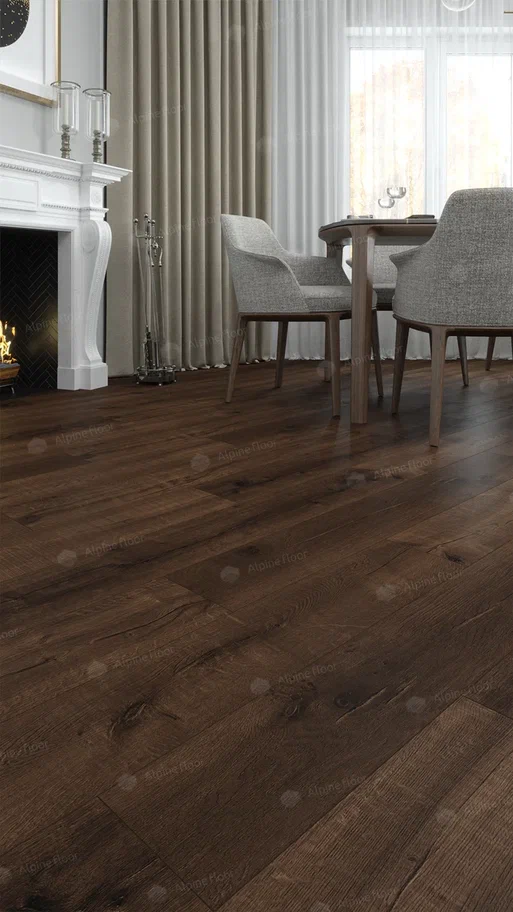 Кварцвиниловый SPC ламинат Alpine Floor Real Wood Дуб Мокка ECO 2-2 1220×183×6 фото в интерьере