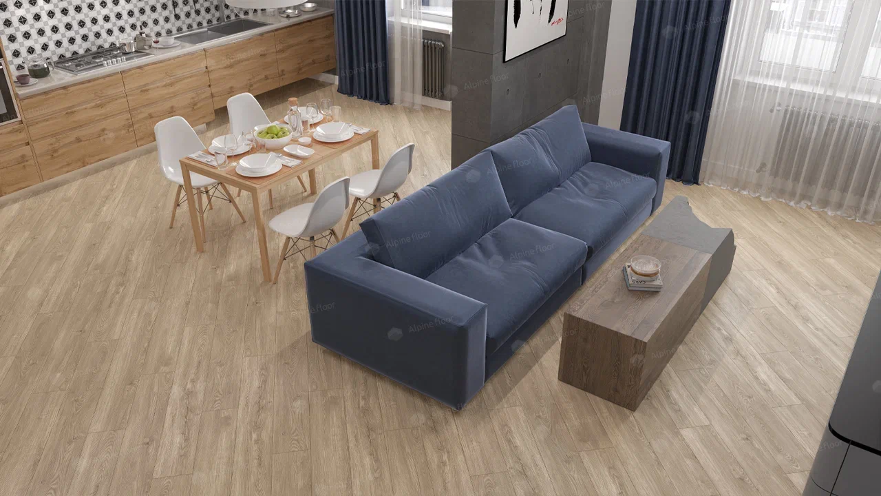 Кварцвиниловый SPC ламинат Alpine Floor Sequoia Коньячная ECO 6-2 1220×183×4 фото в интерьере
