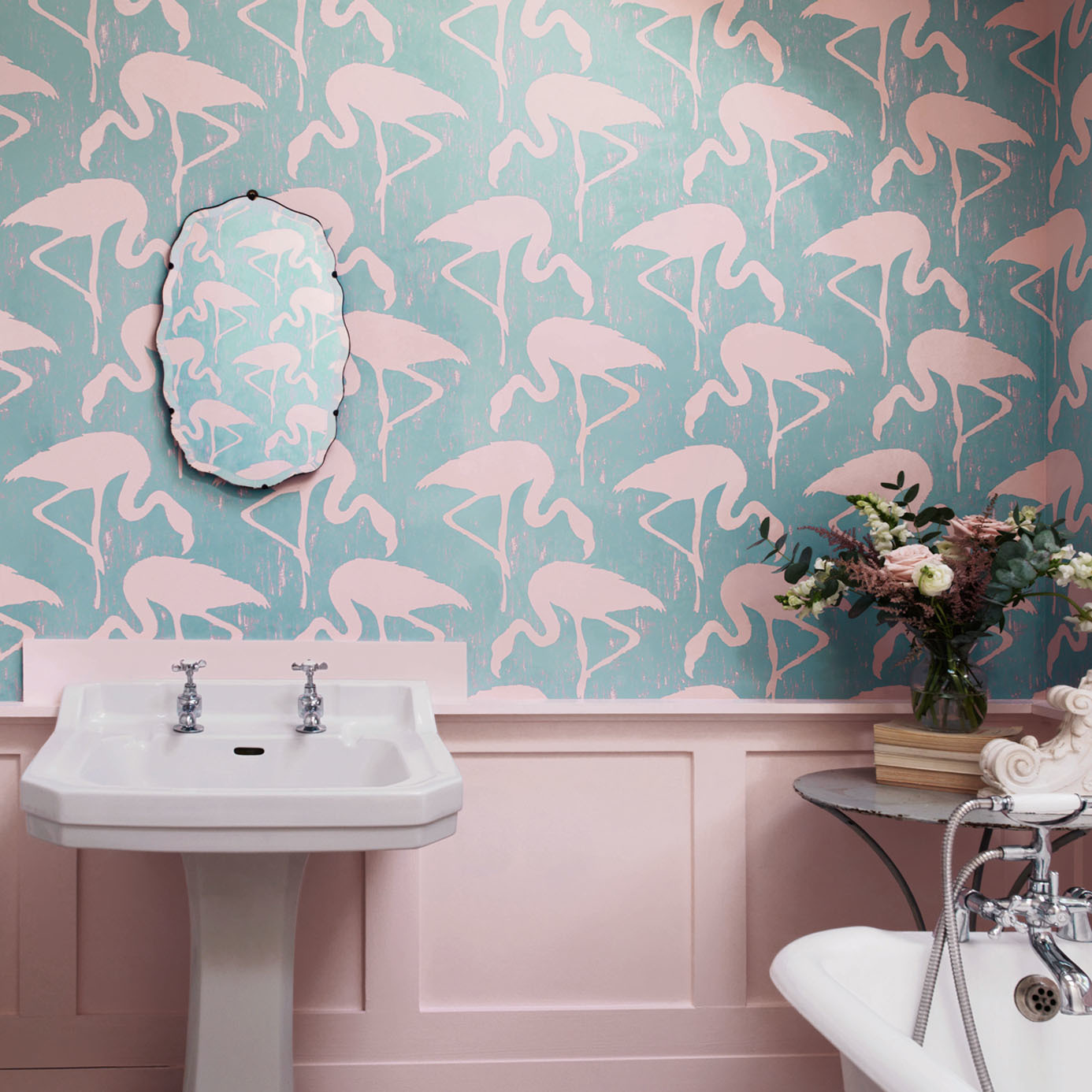 Обои Sanderson One Sixty Flamingos Turquoise Pink 214569 фото в интерьере