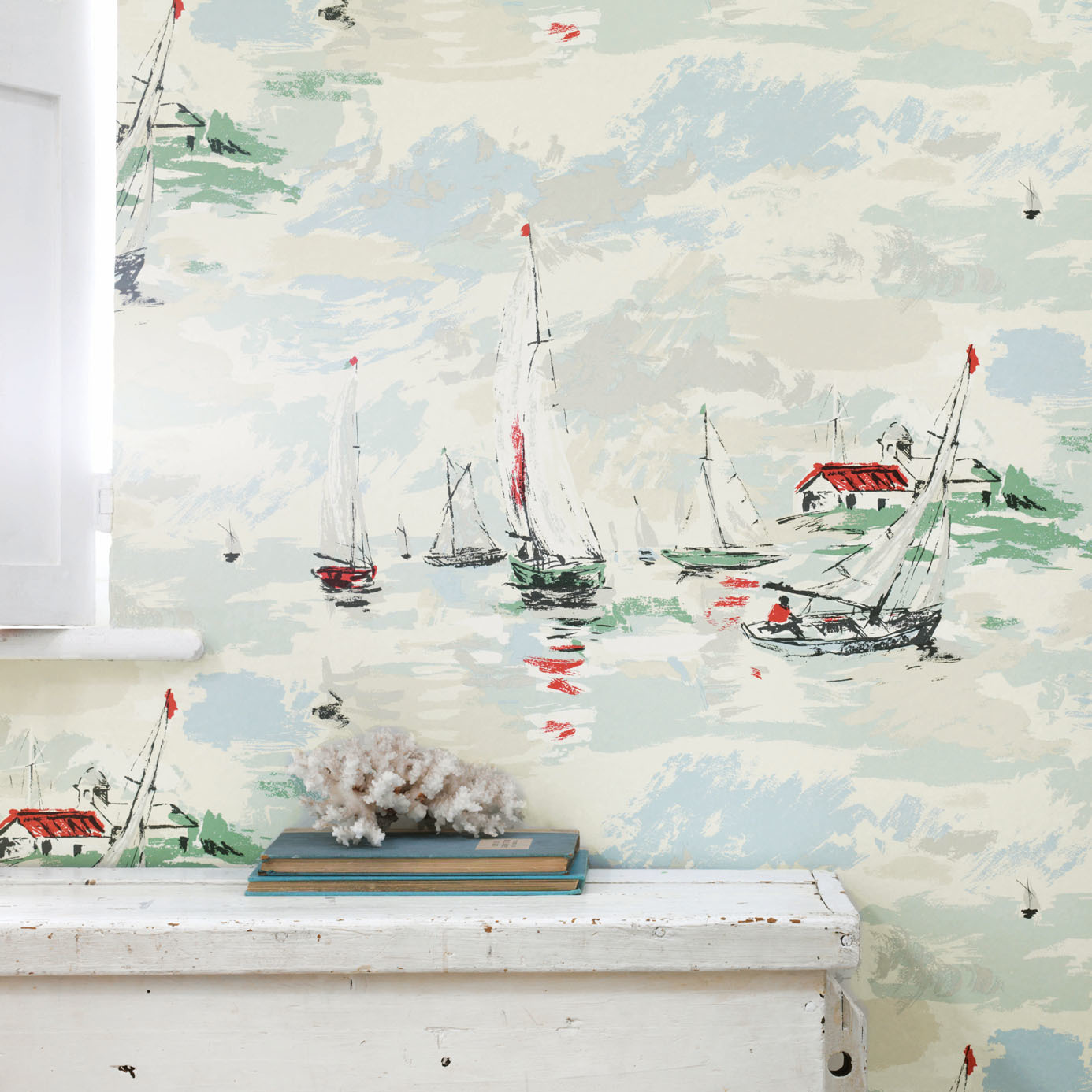 Обои Sanderson One Sixty Sail Away Sea Green 214588 фото в интерьере