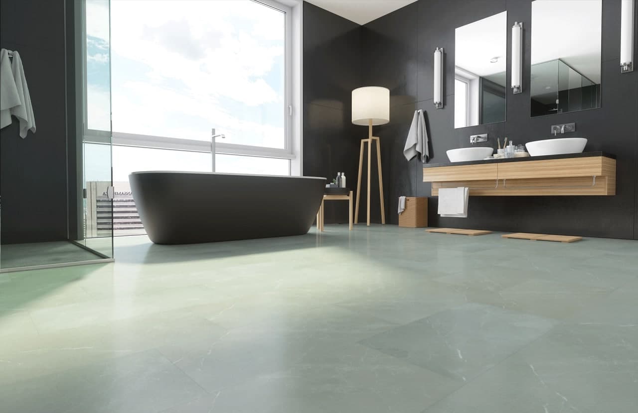 Кварцвиниловый SPC ламинат Fargo Stone Серый Риальто 66S451 600×300×4 фото в интерьере