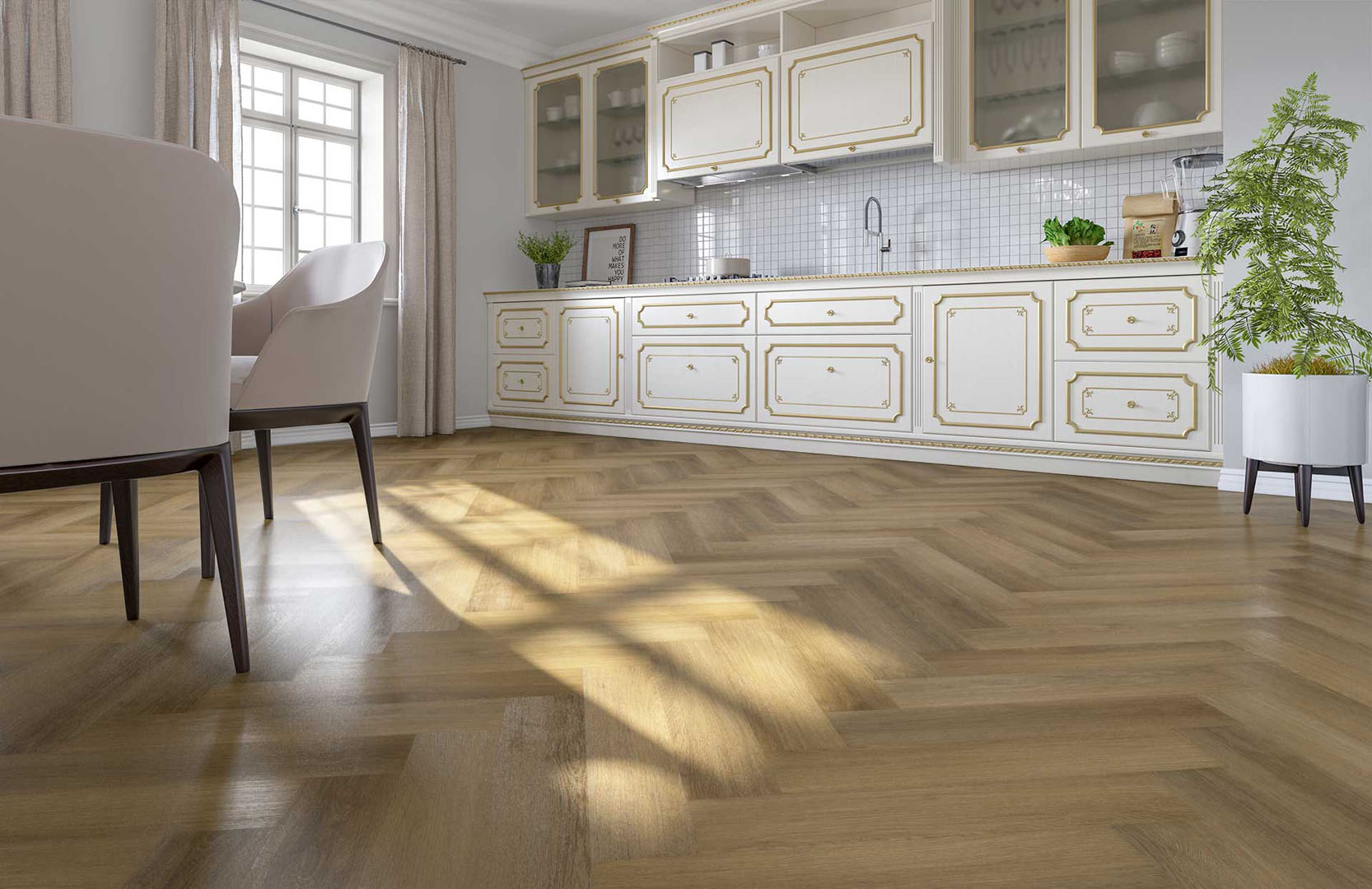 Кварцвиниловый SPC ламинат Fargo Parquet Дуб Ванкувер 33-4105-12 венгерская елка 615×123×4 фото в интерьере
