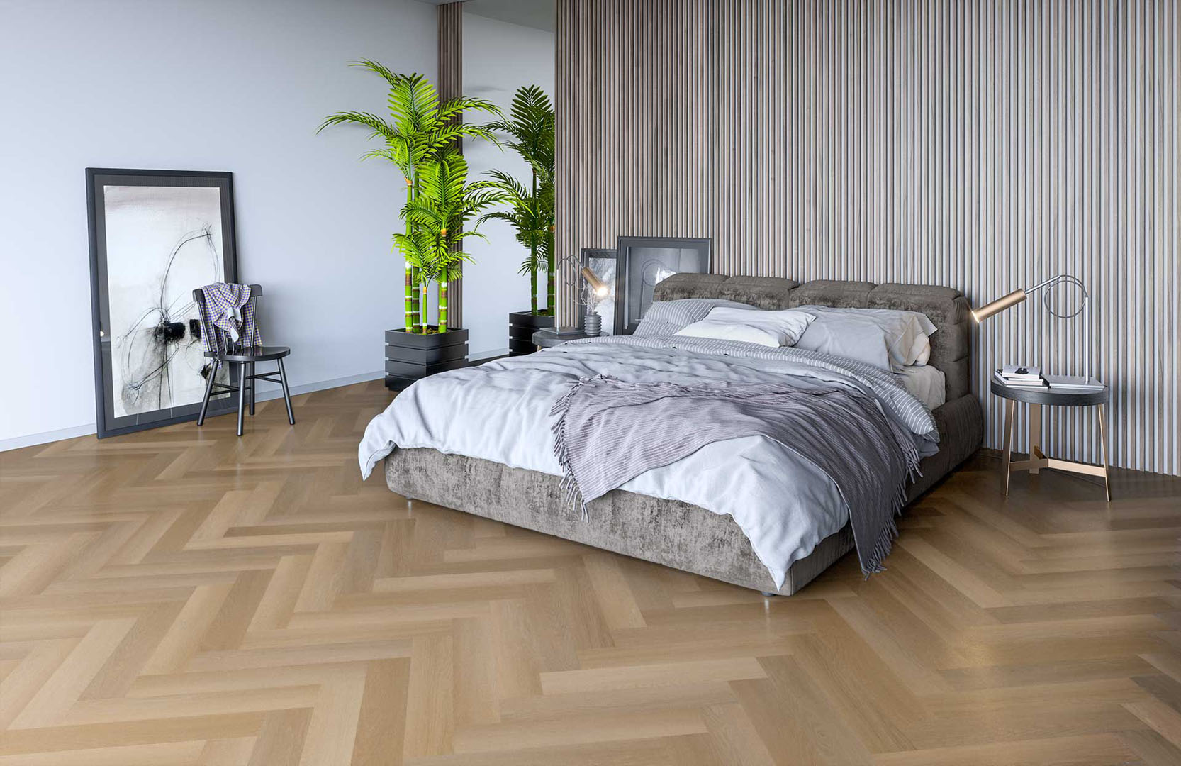 Кварцвиниловый SPC ламинат Fargo Parquet Дуб Сицилия 33-451-02 венгерская елка 615×123×4 фото в интерьере