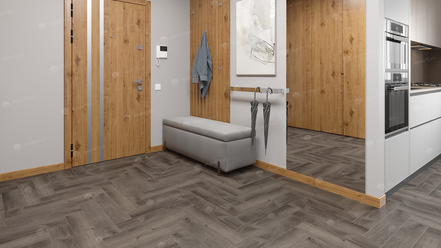 Кварцвиниловый SPC ламинат Alpine Floor Parquet Light Дуб Мерга ECO 13-13 венгерская елка 600×125×4 фото в интерьере