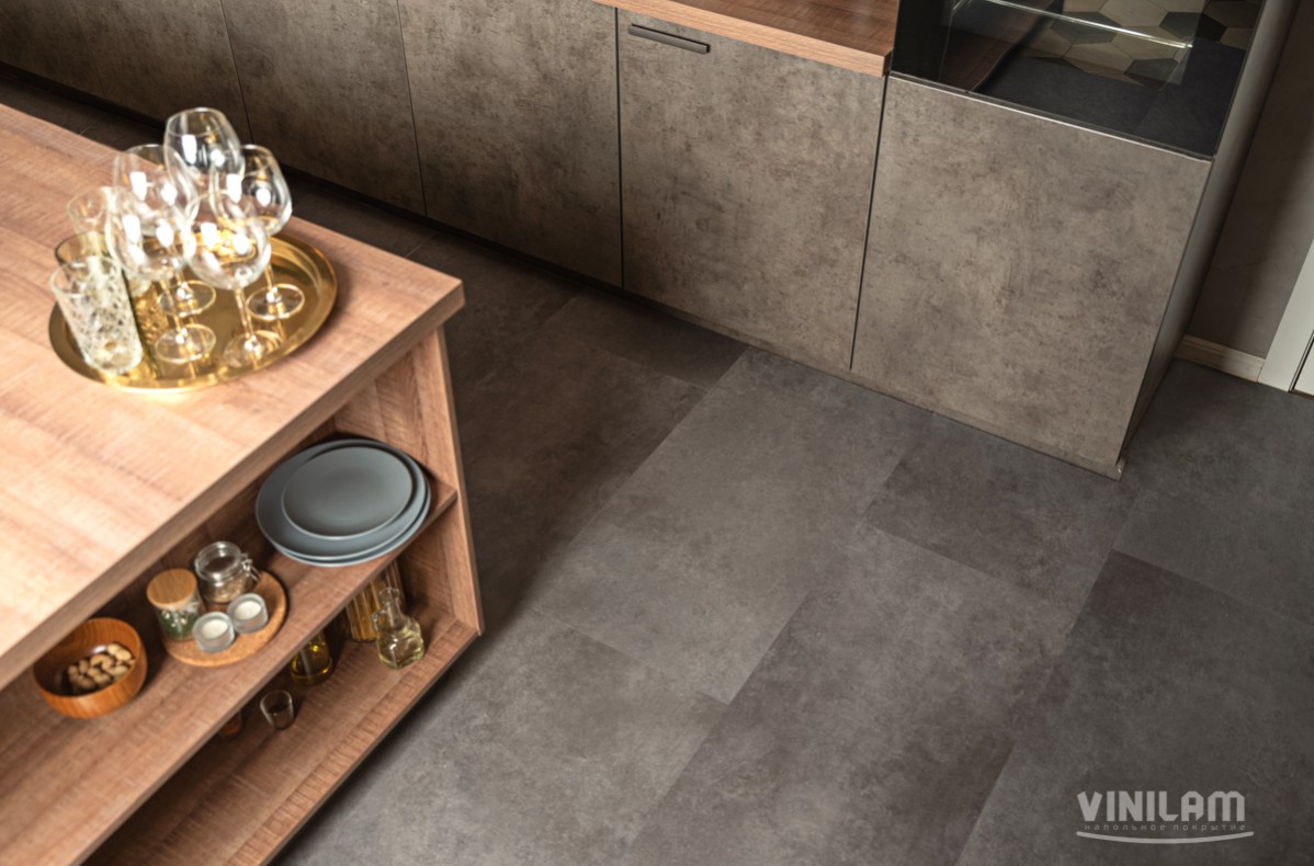 Кварцвиниловый SPC ламинат Vinilam Ceramo Stone Цемент Cтальной 71610 940×470×6 фото в интерьере