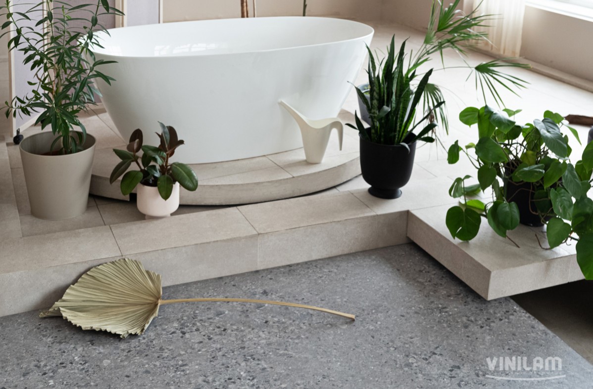 Кварцвиниловая плитка Vinilam клеевая Ceramo Stone Glue Терраццо 71613 950×475×2,5 фото в интерьере
