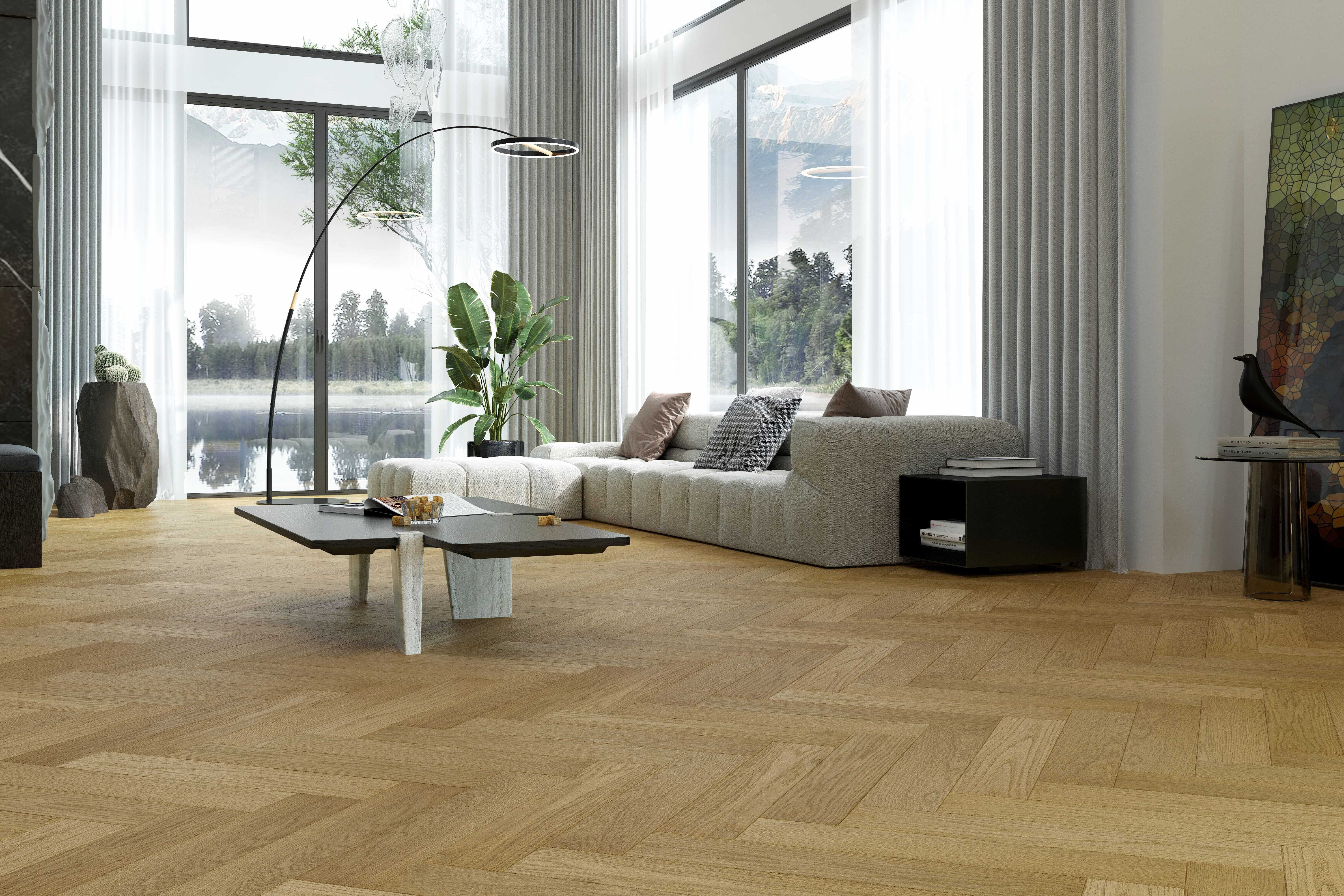 Композитная паркетная доска Quartz Parquet Елка Дуб медовый раф 33-463 венгерская елка 635×127×5 фото в интерьере