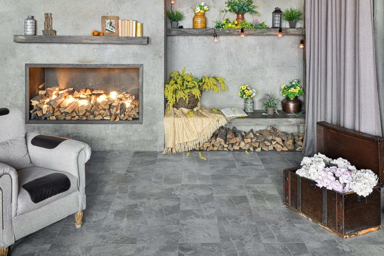 Кварцвиниловая плитка Alpine Floor клеевая Light Stone Ваймеа ECO 15-3 608×303×2,5 фото в интерьере