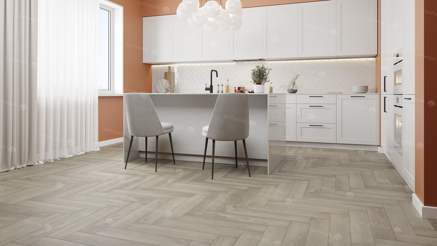 Кварцвиниловая плитка Alpine Floor клеевая Parquet LVT Дуб Фантазия ECO 16-1 венгерская елка 590×118×2,5 фото в интерьере