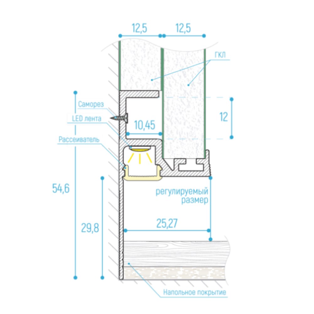 Плинтус алюминиевый теневой с подсветкой Kraab systems GIPPS 2000×54,6×25,27 Плинтус алюминиевый теневой с подсветкой Kraab systems GIPPS 2000×54,6×25,27
