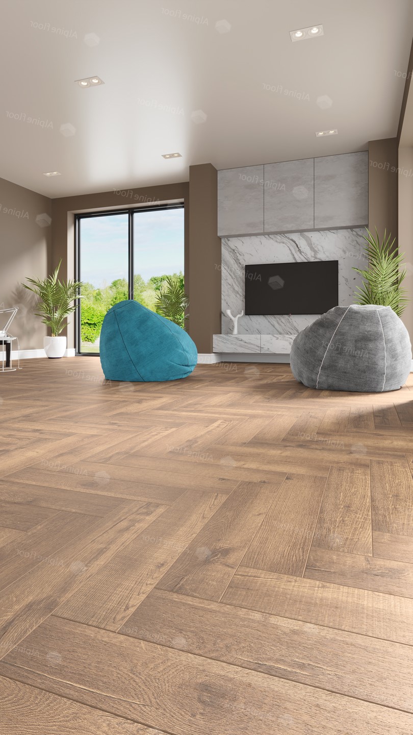 Кварцвиниловая плитка Alpine Floor клеевая Parquet LVT Дуб Royal ECO 16-2 венгерская елка 590×118×2,5 фото в интерьере