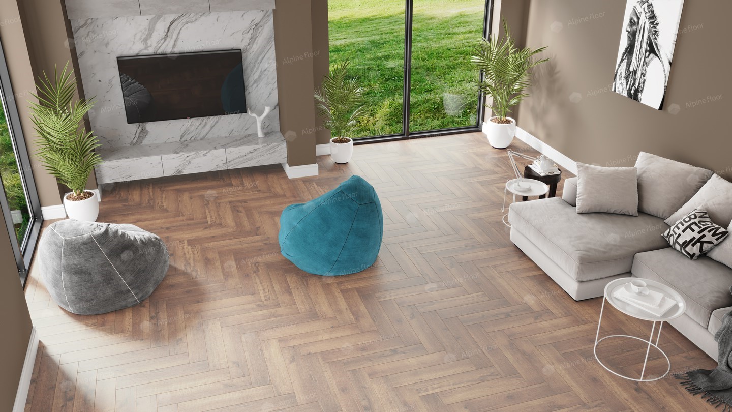 Кварцвиниловая плитка Alpine Floor клеевая Parquet LVT Дуб Royal ECO 16-2 венгерская елка 590×118×2,5 фото в интерьере