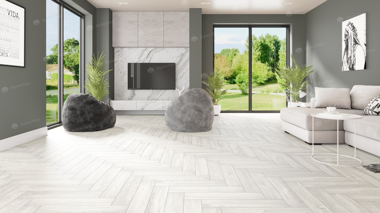 Кварцвиниловая плитка Alpine Floor клеевая Parquet LVT Дуб Арктик ECO 16-4 венгерская елка 590×118×2,5 фото в интерьере