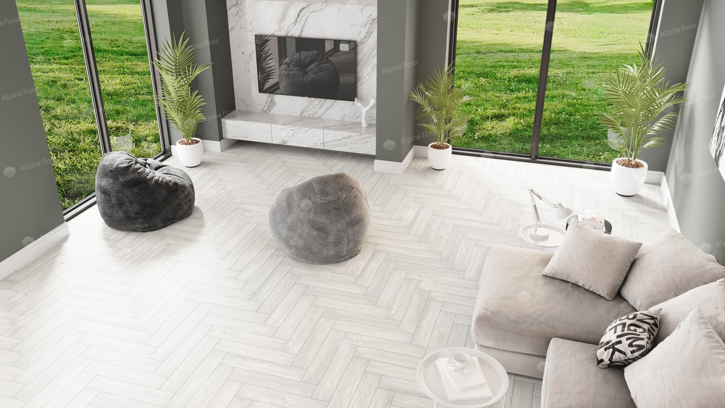 Кварцвиниловая плитка Alpine Floor клеевая Parquet LVT Дуб Арктик ECO 16-4 венгерская елка 590×118×2,5 фото в интерьере