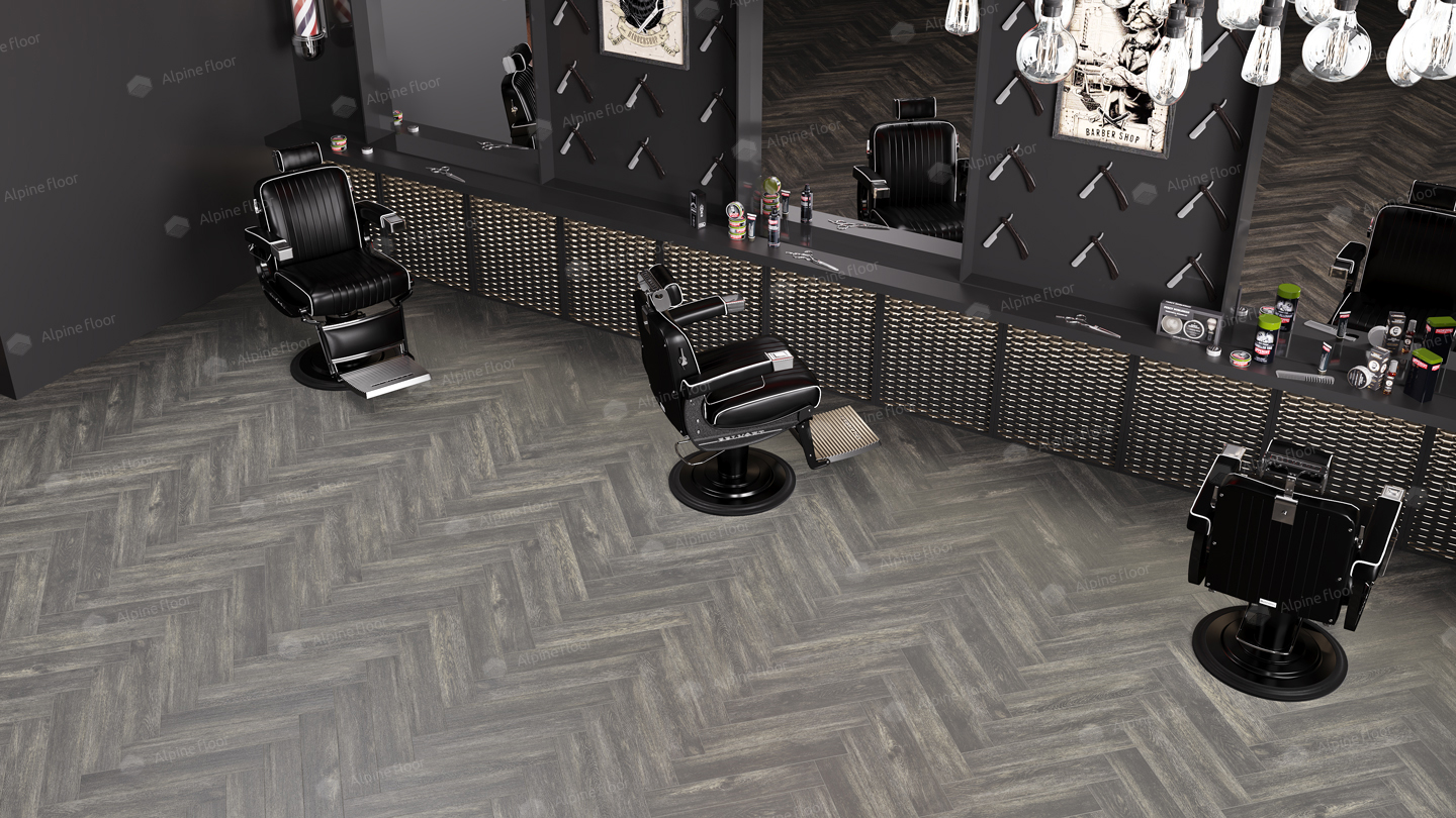 Кварцвиниловая плитка Alpine Floor клеевая Parquet LVT Венге Грей ECO 16-8 венгерская елка 590×118×2,5 фото в интерьере