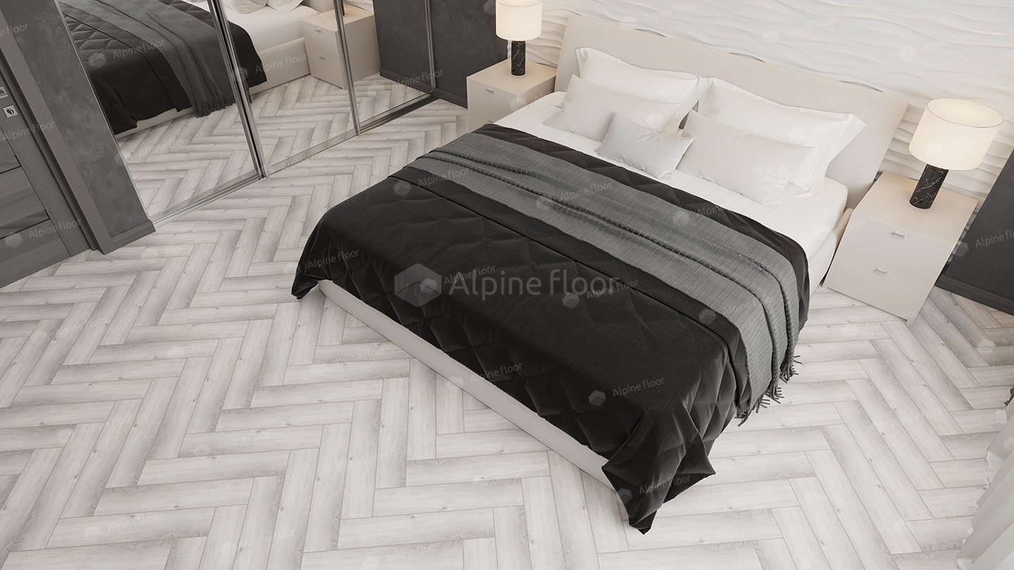 Кварцвиниловая плитка Alpine Floor клеевая Parquet LVT Дуб Альхена ECO 16-12 венгерская елка 590×118×2,5 фото в интерьере