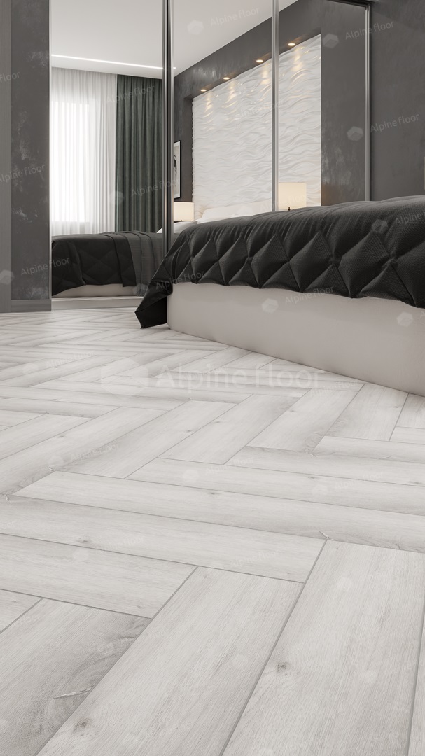 Кварцвиниловая плитка Alpine Floor клеевая Parquet LVT Дуб Альхена ECO 16-12 венгерская елка 590×118×2,5 фото в интерьере