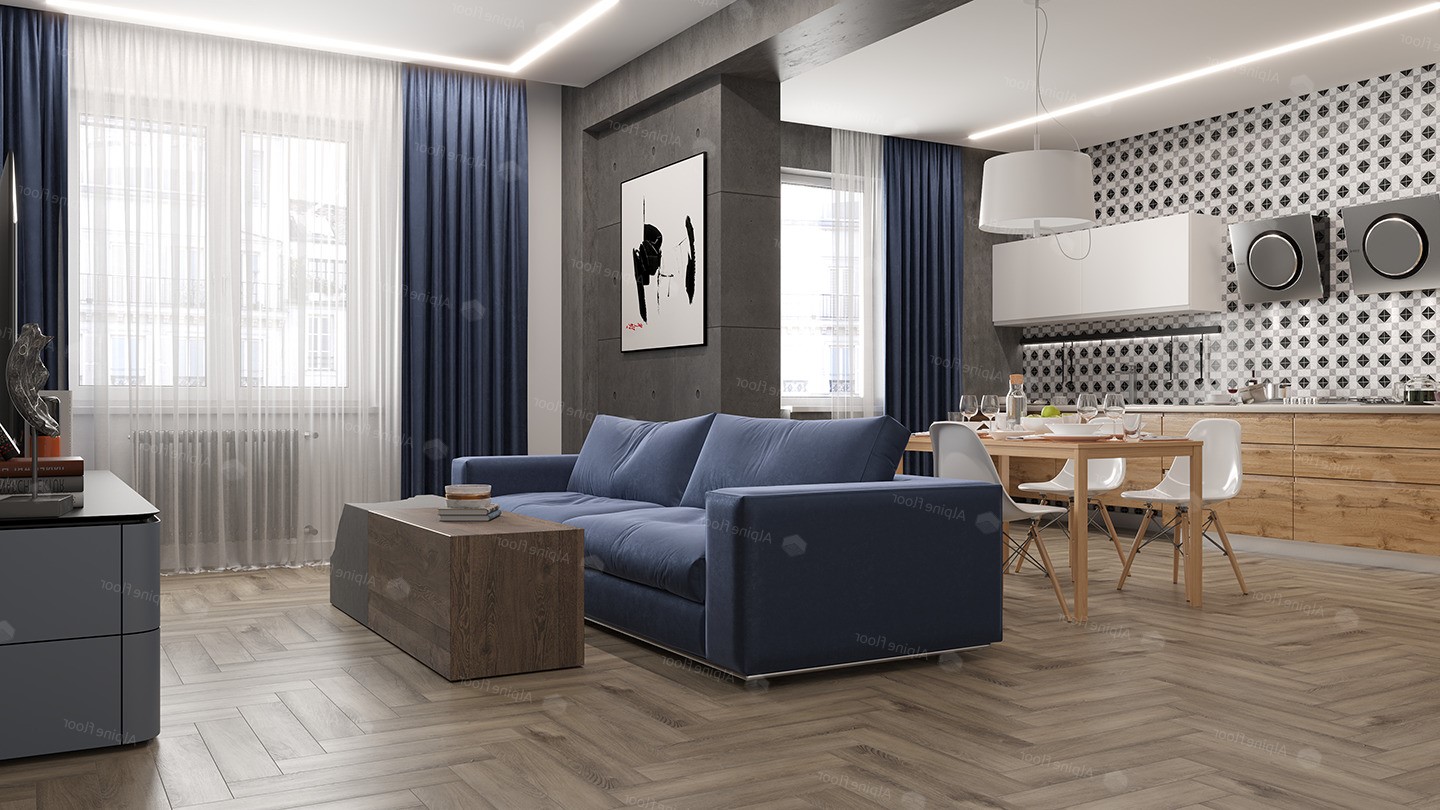Кварцвиниловая плитка Alpine Floor клеевая Parquet LVT Дуб Исида ECO 16-15 венгерская елка 590×118×2,5 фото в интерьере