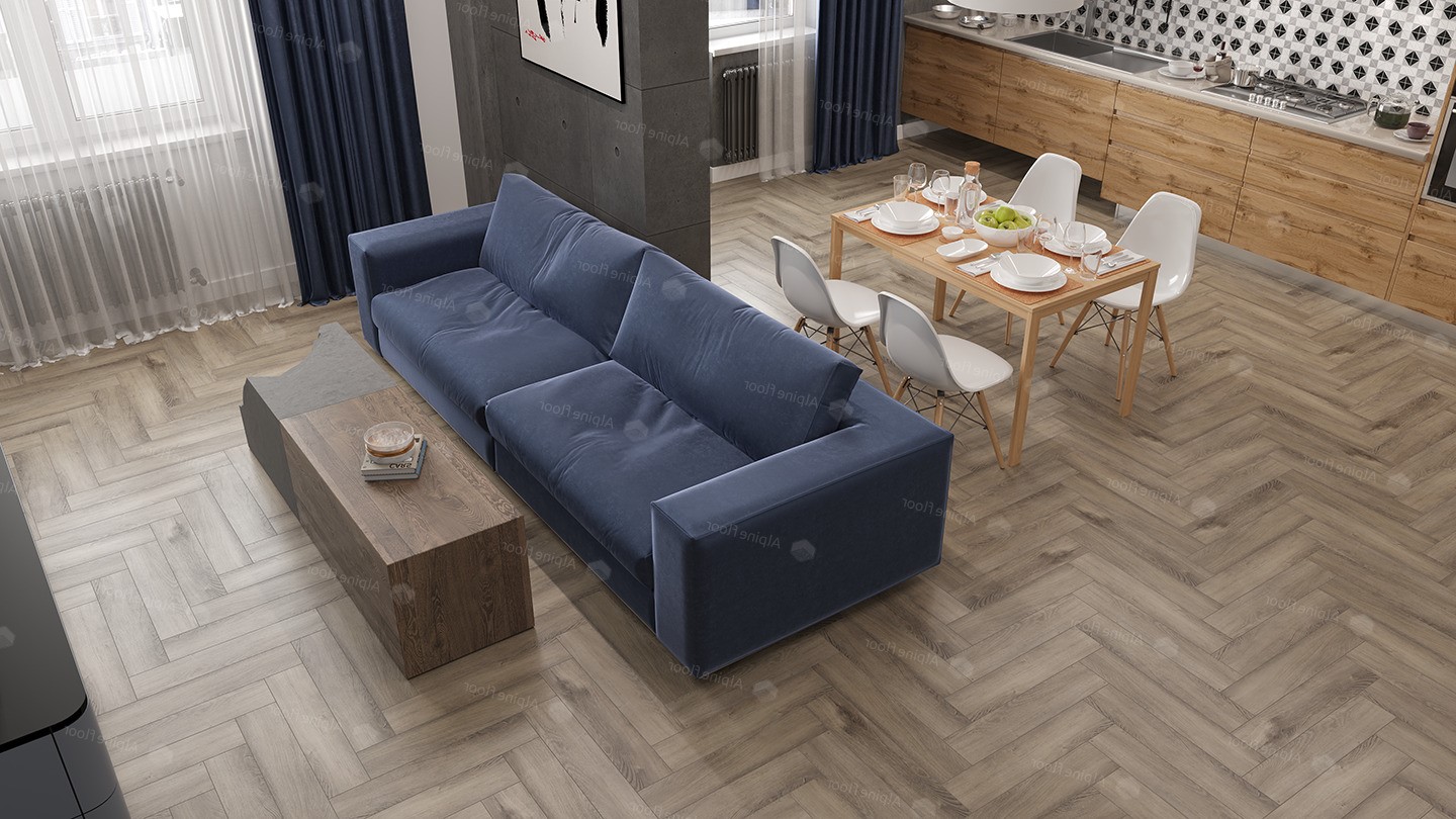 Кварцвиниловая плитка Alpine Floor клеевая Parquet LVT Дуб Исида ECO 16-15 венгерская елка 590×118×2,5 фото в интерьере