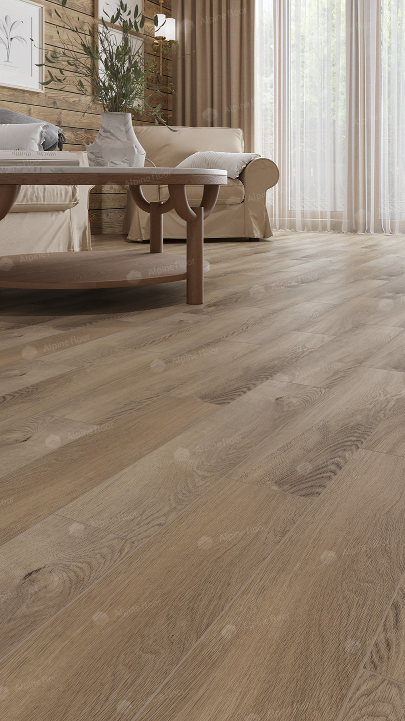 Кварцвиниловая плитка Alpine Floor клеевая Parquet LVT Дуб Синистра ECO 16-17 венгерская елка 590×118×2,5 фото в интерьере