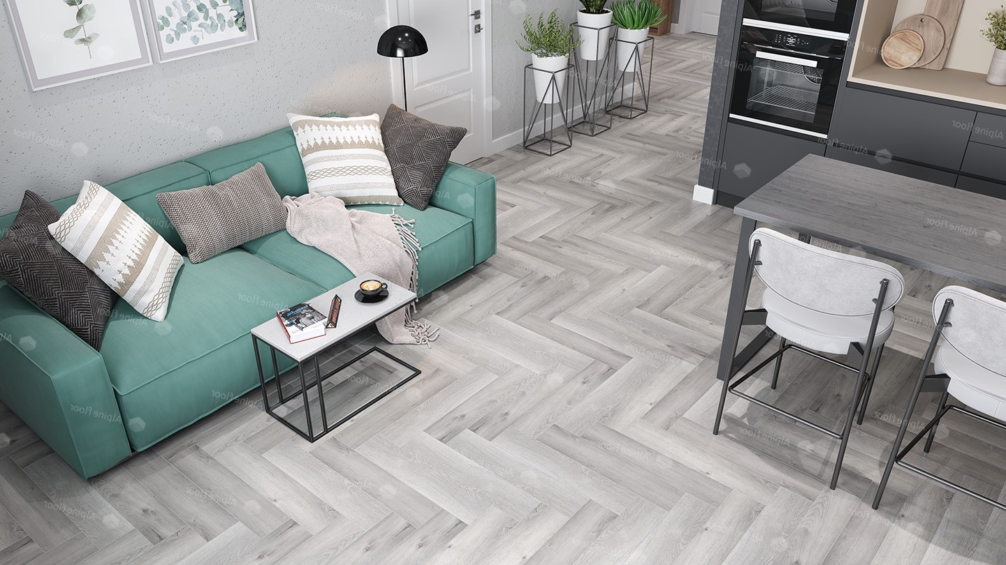 Кварцвиниловая плитка Alpine Floor клеевая Parquet LVT Дуб Лейтена ECO 16-18 венгерская елка 590×118×2,5 фото в интерьере